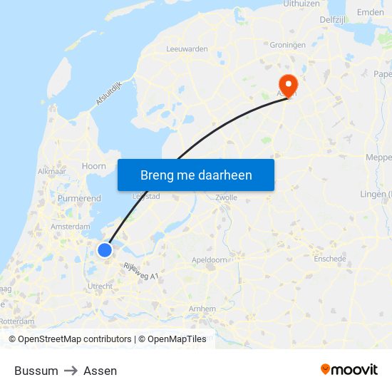 Bussum to Assen map