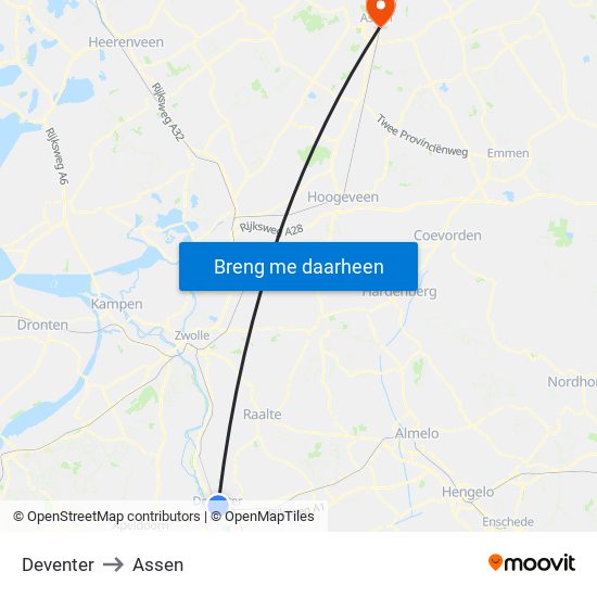 Deventer to Assen map