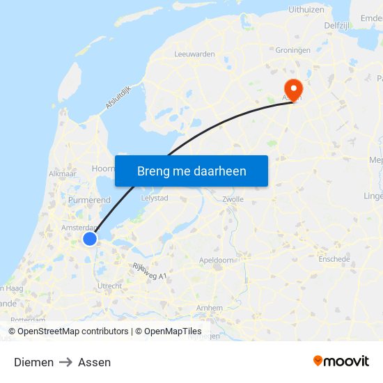 Diemen to Assen map