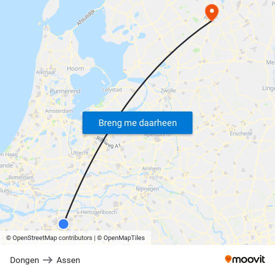 Dongen to Assen map