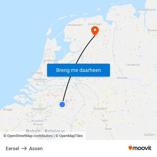 Eersel to Assen map