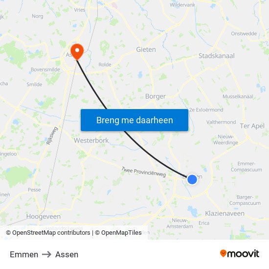 Emmen to Assen map