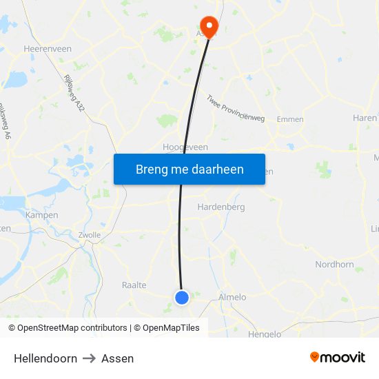 Hellendoorn to Assen map