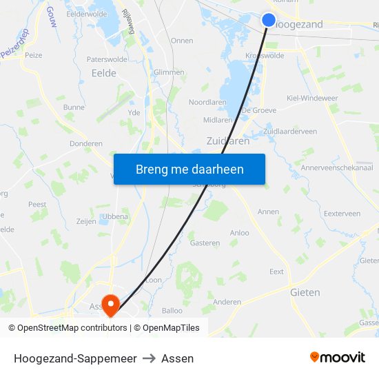 Hoogezand-Sappemeer to Assen map