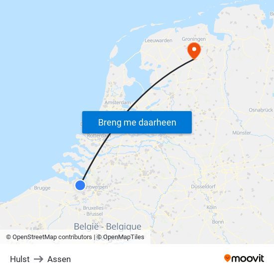 Hulst to Assen map