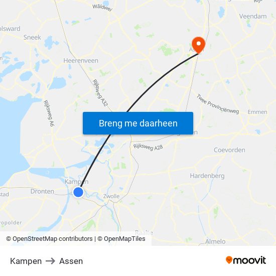 Kampen to Assen map