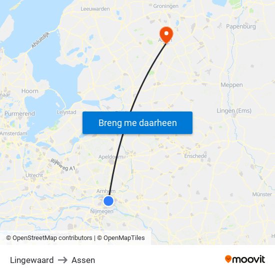 Lingewaard to Assen map