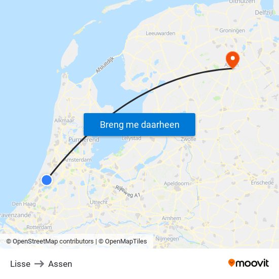 Lisse to Assen map