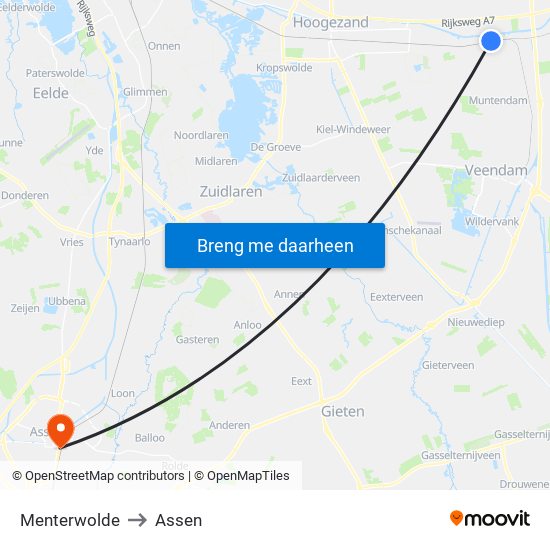 Menterwolde to Assen map