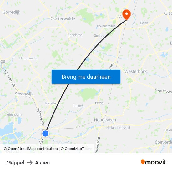 Meppel to Assen map