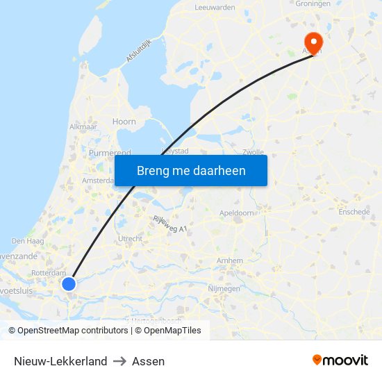 Nieuw-Lekkerland to Assen map