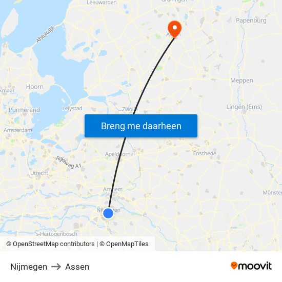 Nijmegen to Assen map