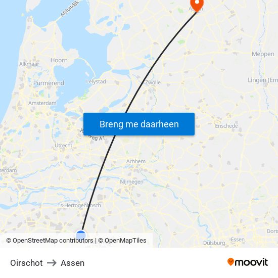 Oirschot to Assen map