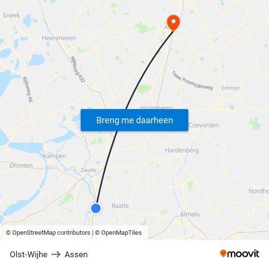 Olst-Wijhe to Assen map