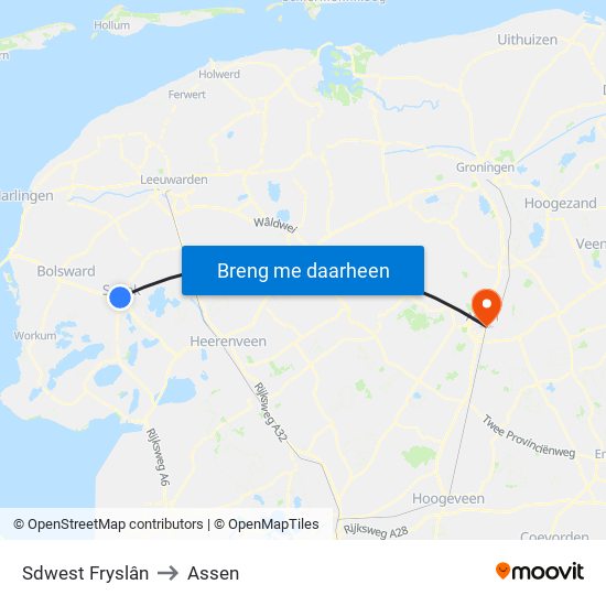 Sdwest Fryslân to Assen map
