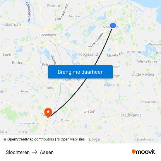 Slochteren to Assen map