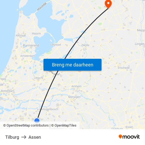 Tilburg to Assen map