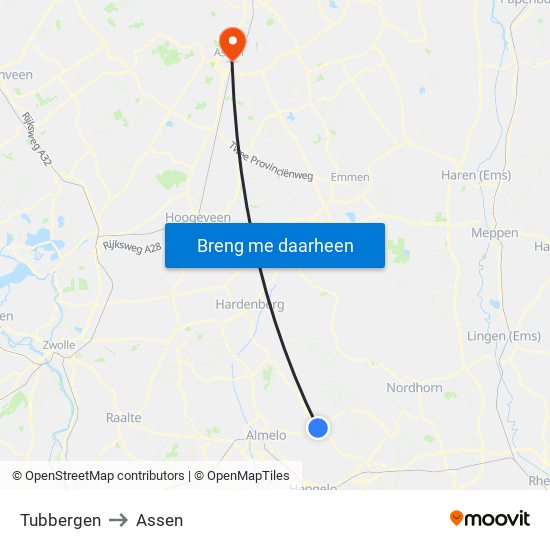 Tubbergen to Assen map
