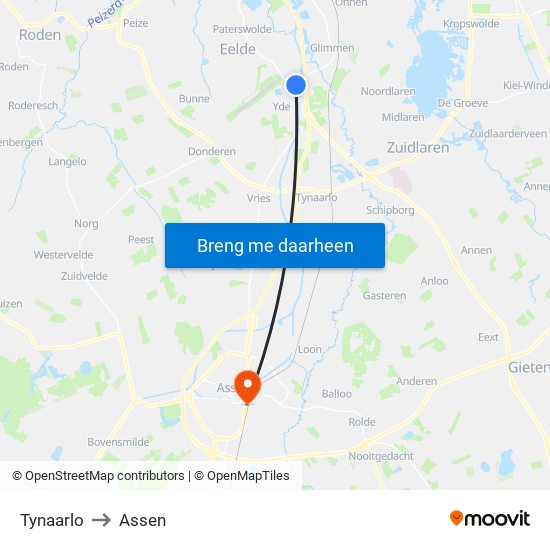 Tynaarlo to Assen map
