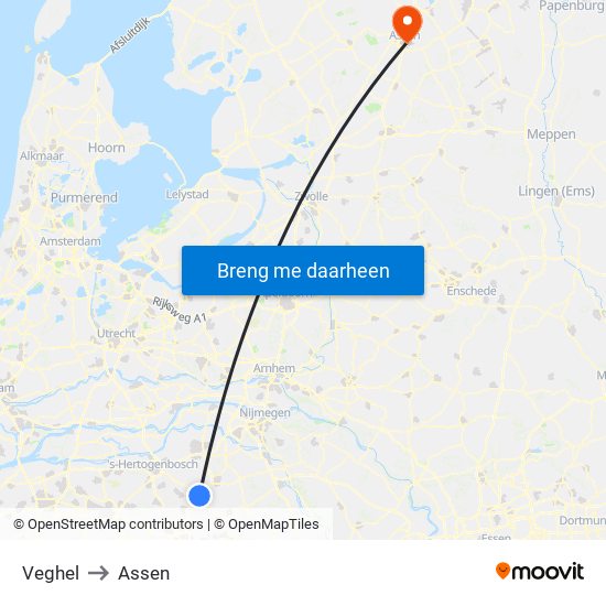 Veghel to Assen map