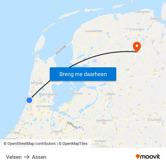 Velsen to Assen map