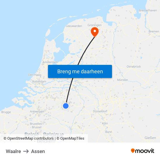 Waalre to Assen map