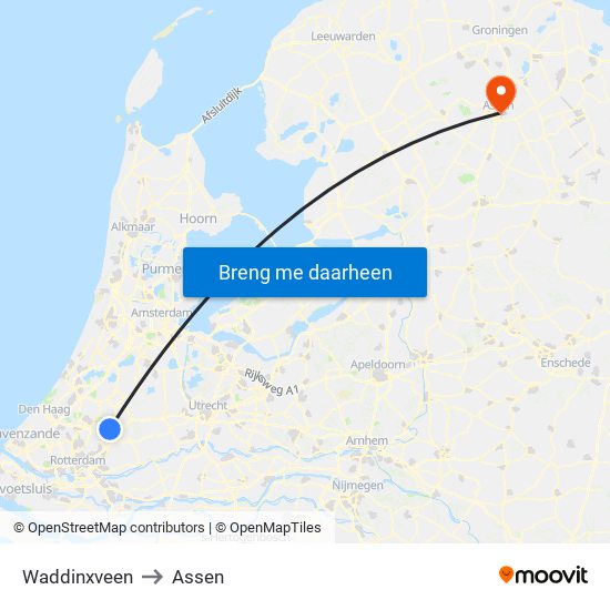 Waddinxveen to Assen map