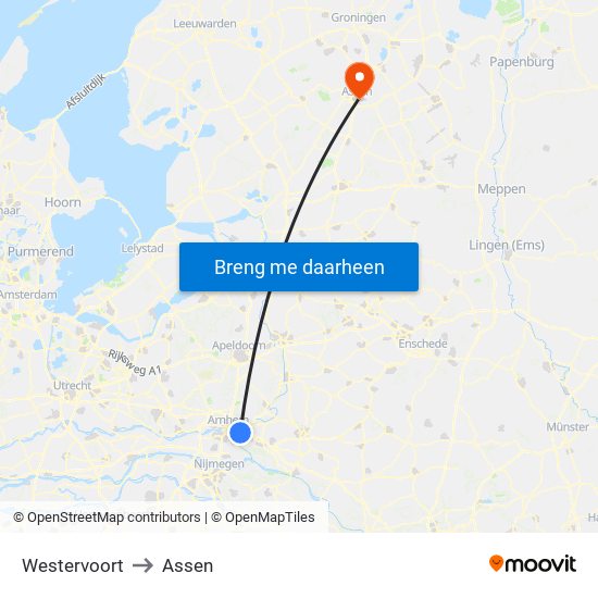 Westervoort to Assen map