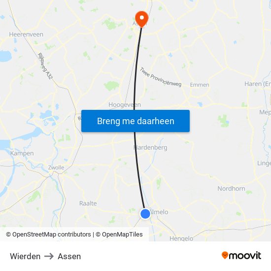 Wierden to Assen map