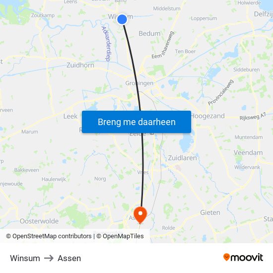 Winsum to Assen map