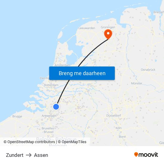 Zundert to Assen map