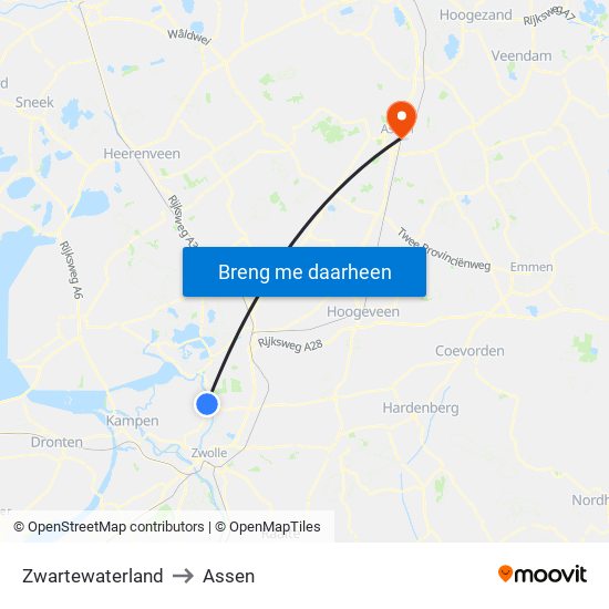 Zwartewaterland to Assen map