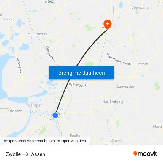 Zwolle to Assen map