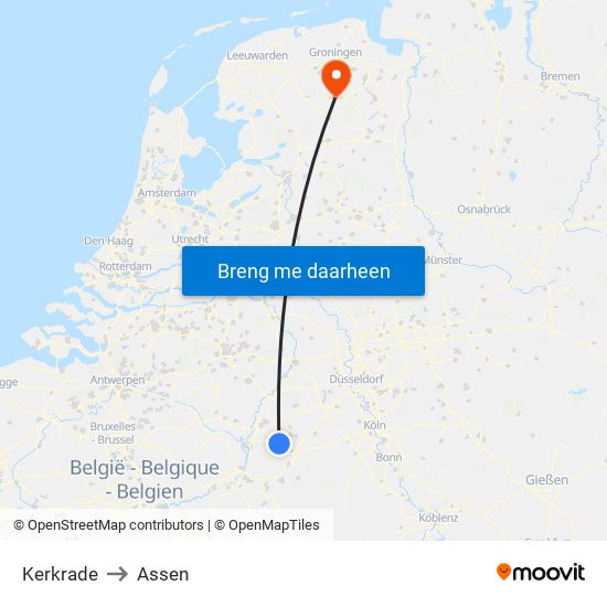 Kerkrade to Assen map