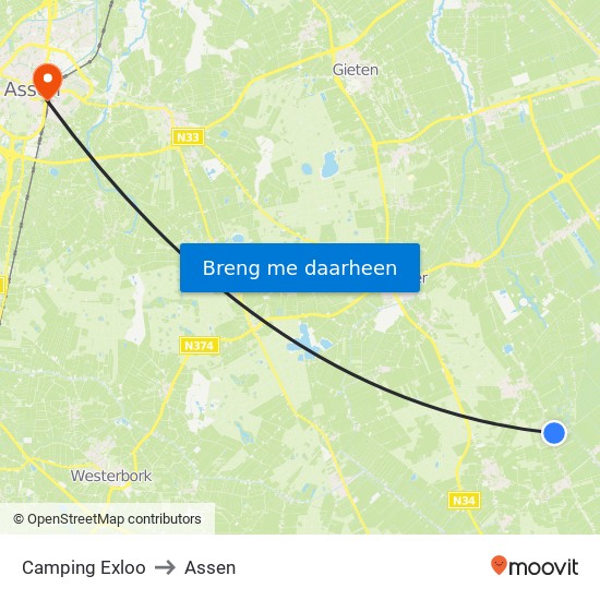 Camping Exloo to Assen map