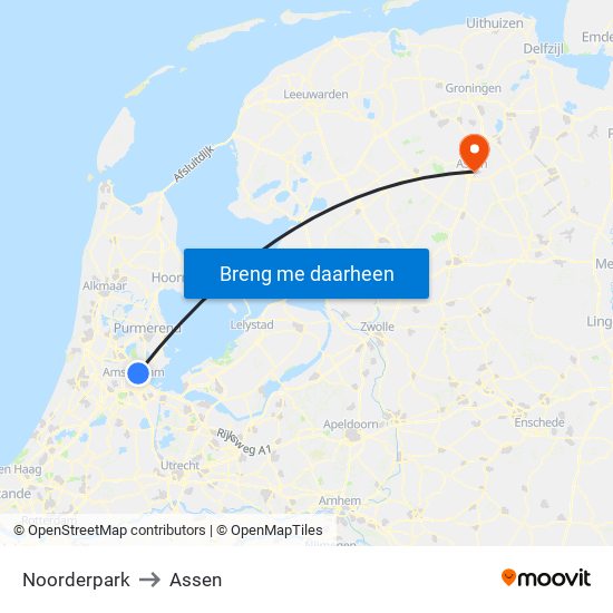 Noorderpark to Assen map