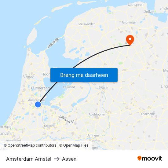 Amsterdam Amstel to Assen map