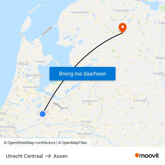 Utrecht Centraal to Assen map