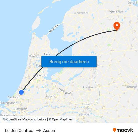Leiden Centraal to Assen map