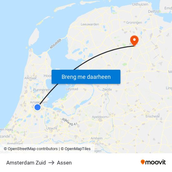Amsterdam Zuid to Assen map
