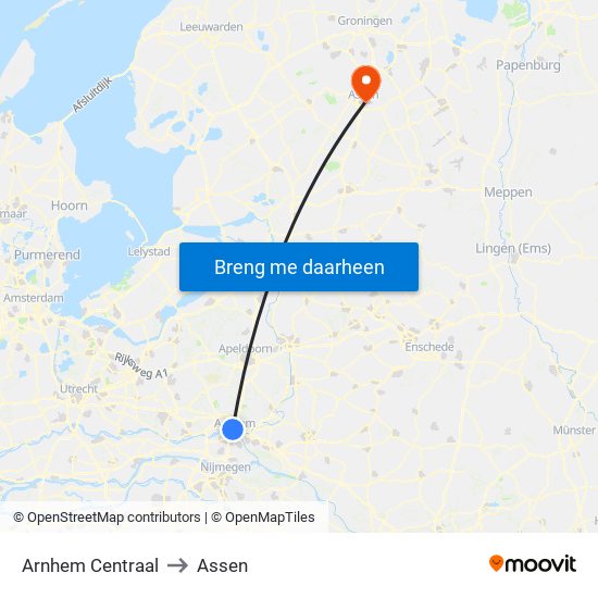 Arnhem Centraal to Assen map