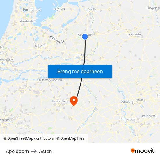 Apeldoorn to Asten map