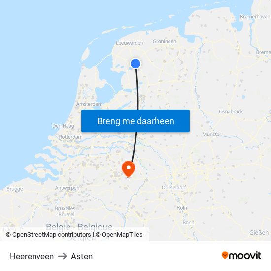Heerenveen to Asten map