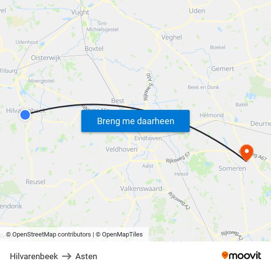 Hilvarenbeek to Asten map