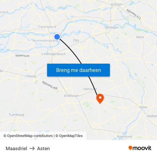 Maasdriel to Asten map