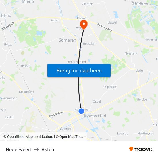 Nederweert to Asten map