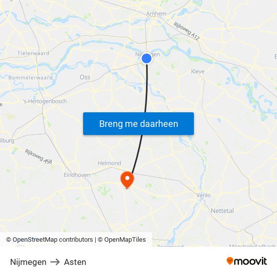 Nijmegen to Asten map
