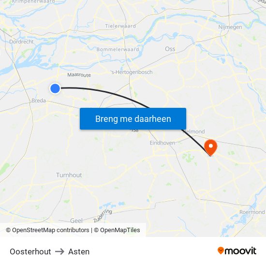 Oosterhout to Asten map