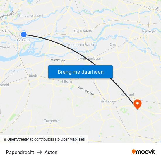 Papendrecht to Asten map
