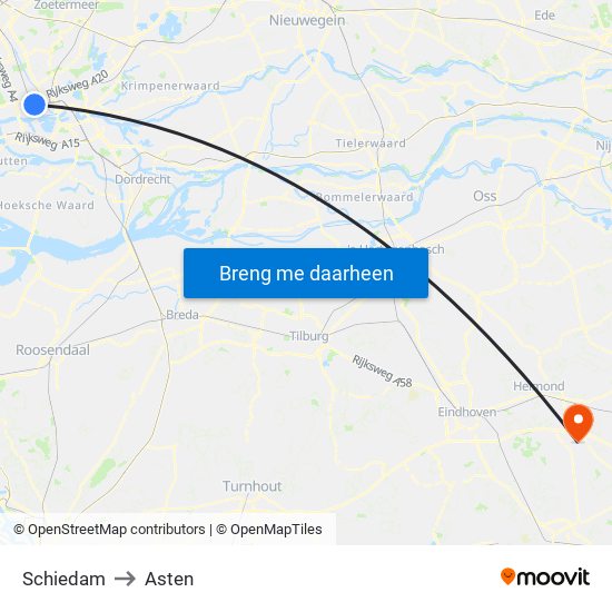 Schiedam to Asten map